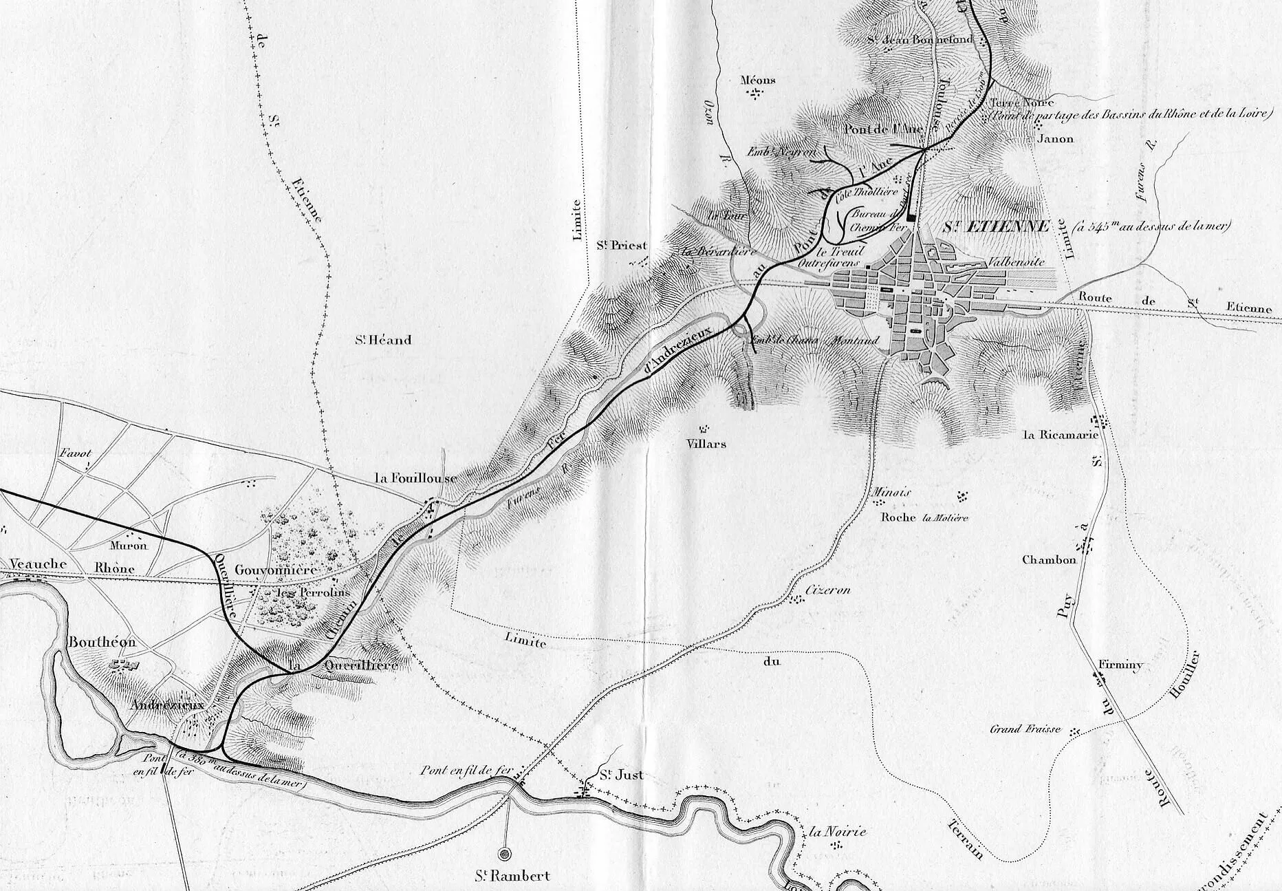 Carte du chemin de fer Saint-Étienne - Andrézieux (1837). Dite Carte Smith. Source : https://fr.wikipedia.org/wiki/Ligne_de_Saint-%C3%89tienne_%C3%A0_Andr%C3%A9zieux#/media/Fichier:Saint_Etienne_Andrezieux_Carte_Smith.jpg