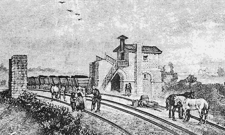L'arrivée du charbon au port d'Andrézieux vers 1836. Auguste Victor Deroy et Charles Motte, «  Les rives de la Loire dessinées d’après nature et lithographiées », 1836. Source https://aventuredutrain.com/p-11-le-premier-chemin-de-fer-du-continent.html
