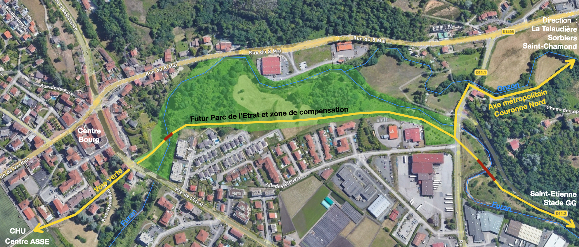 Plan des axes autour du futur Parc de L'Etrat et sa future zone de compensation.