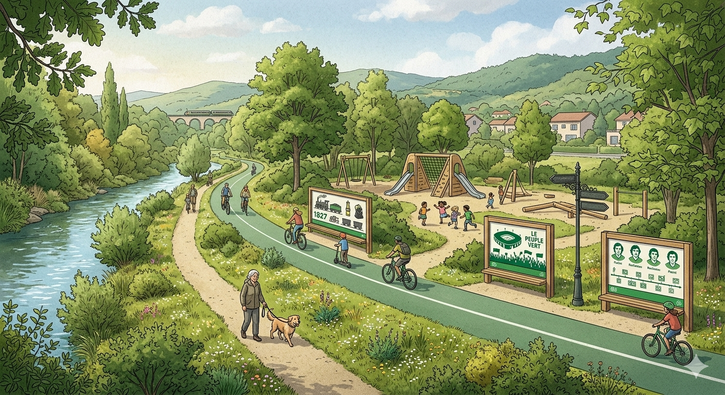 Vue IA artistique de ce que pourrait être le nouveau parc de l'Etrat, avec une voie verte le long du furan, des panneaux pédagogiques et une aire de jeu pour les enfants.