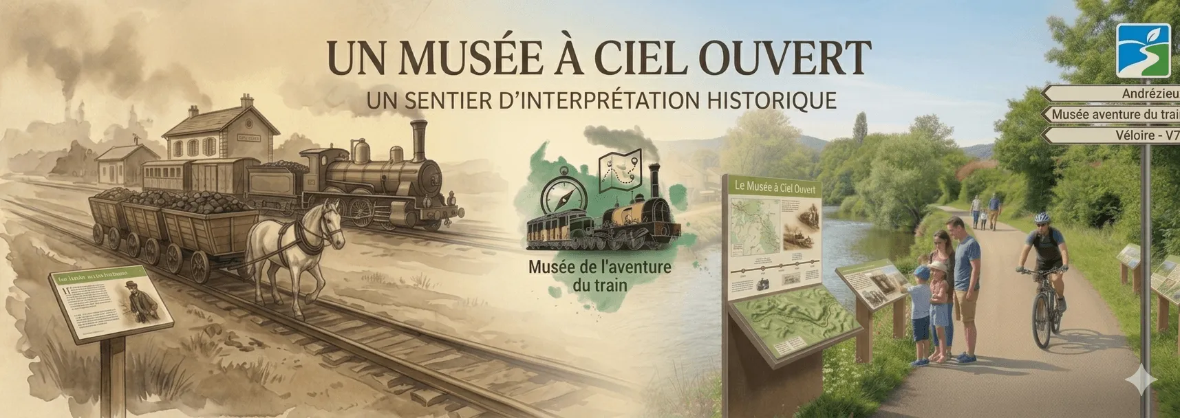 Un musée à ciel ouvert, un sentier d'interprétation historique. A gauche un visualisation de la première ligne, à droite une voie verte avec des panneaux éducatifs explicatifs.